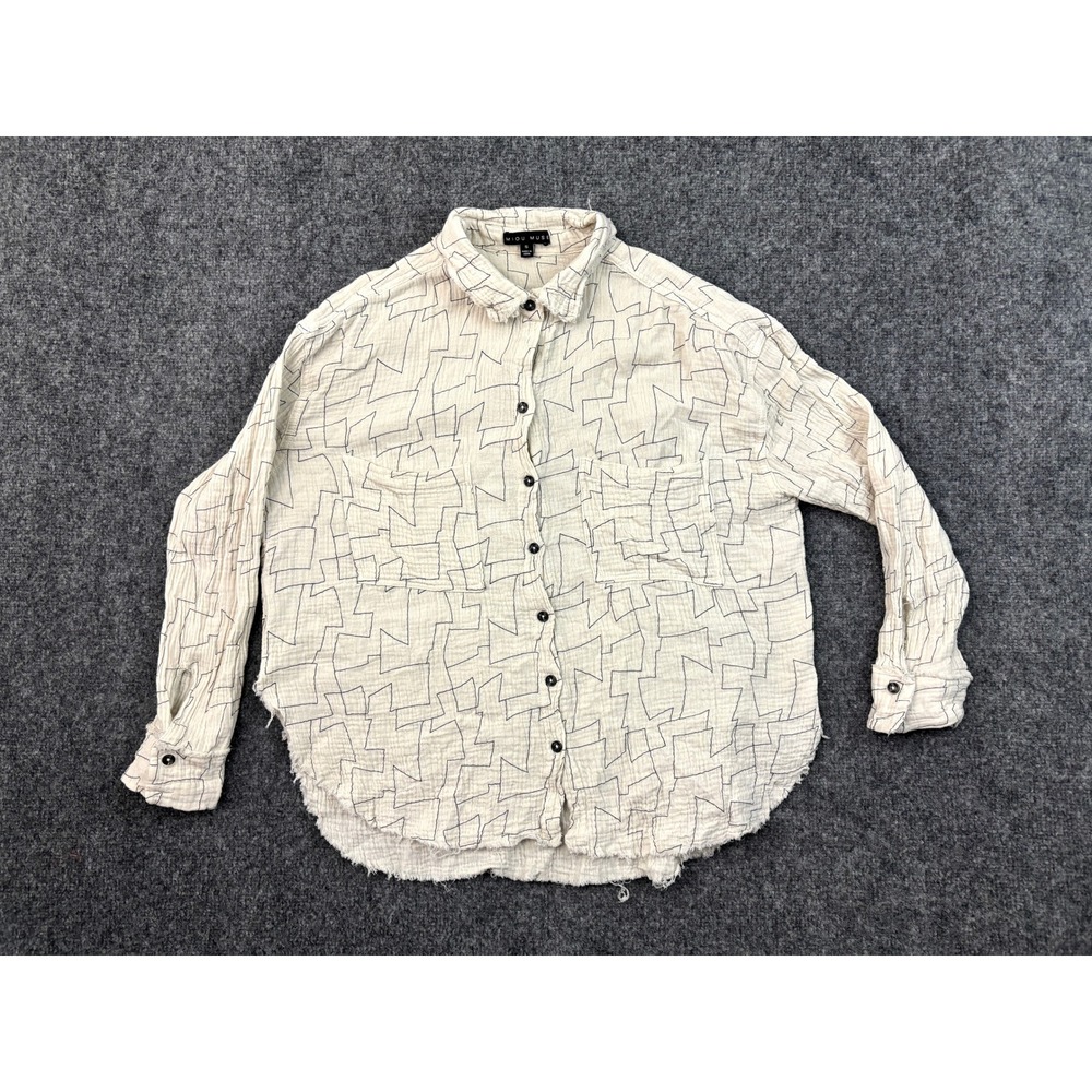 Miou Muse Gauze Button Front Shirt Women's S Cream Geometric Raw Hem Boho